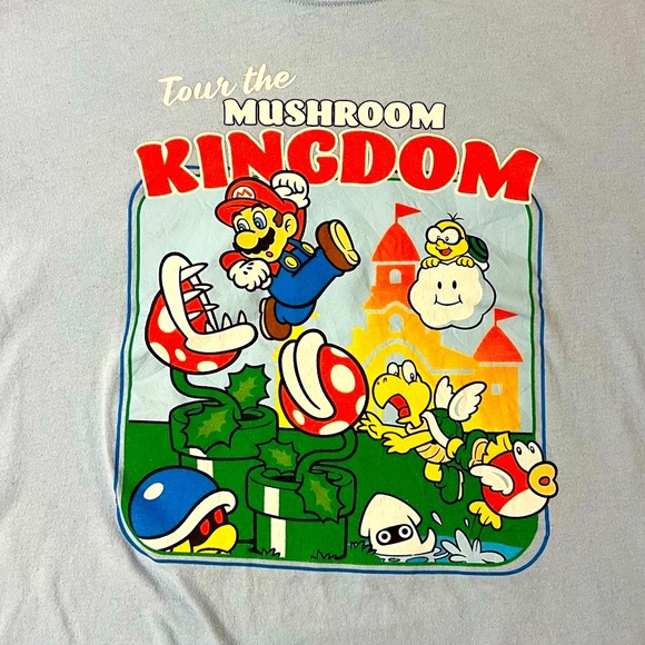 Retro Super Mario Tour the Mushroom Kingdom Light Blue T-Shirt Size Large - Picture 3 of 3